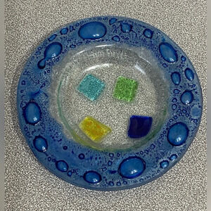 Fused Bubble Glass Trinket Dish Blue with Colorful center